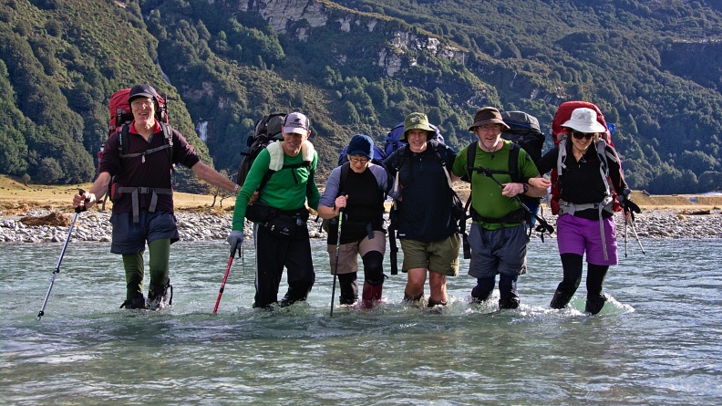 Tramping party crossing Rees River