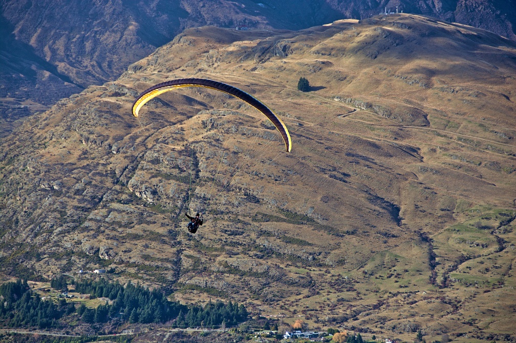 Airborne paraglider, Queenstown Hill in background