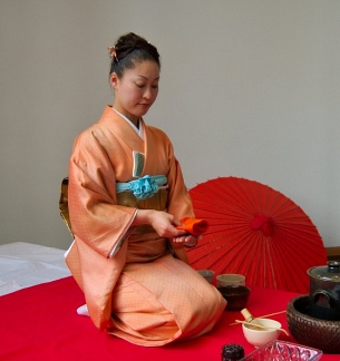 Folding fukusa (orange silk cloth)