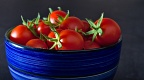 Bright red cherry tomatoes in a dark blue bowl