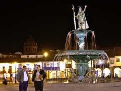 Plaza de Armas with statue of Inca Pachacuti at night
