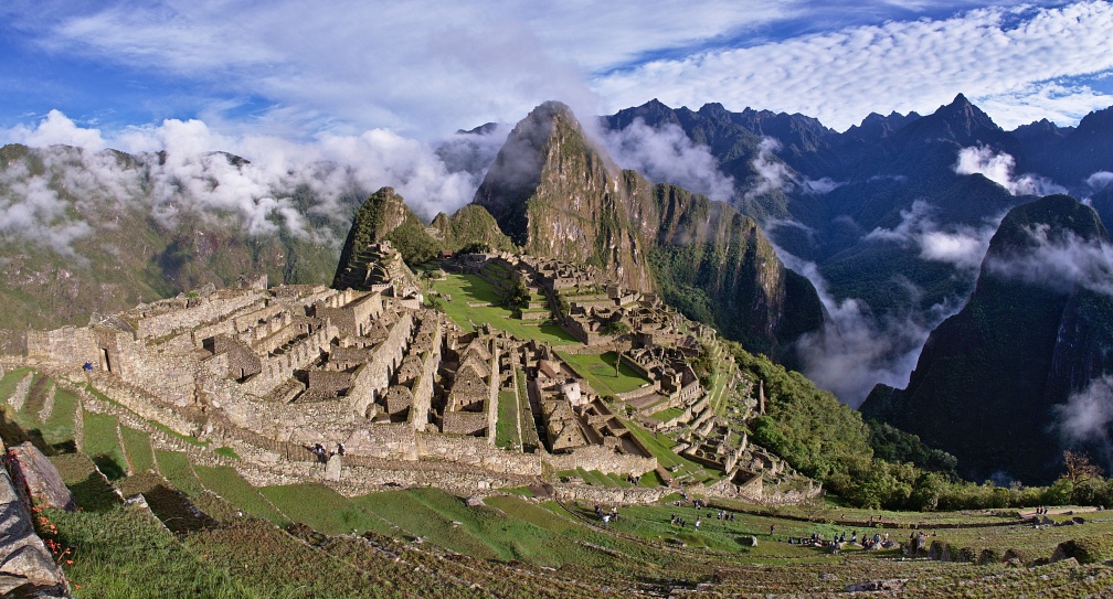 Panorama of Machu Picchu, Huayna Picchu, Putukusi Mountain, and 