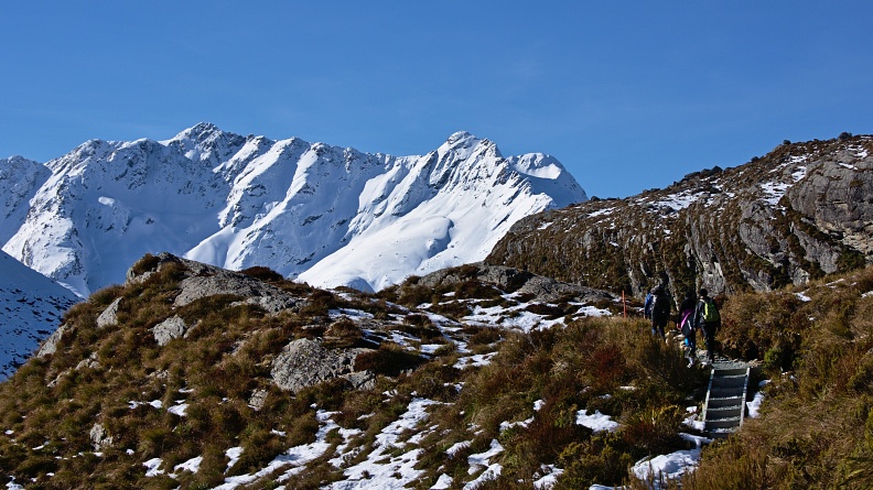 Trampers in upper Routeburn Valley and Humboldt Mountains