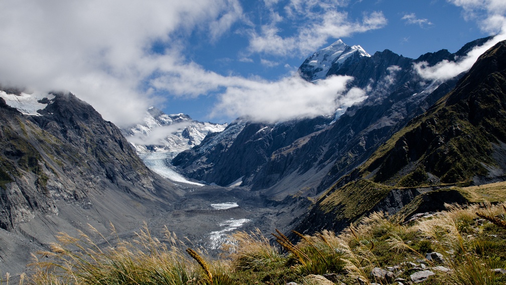 Hooker Glacier and Mount Cook with scattered clouds