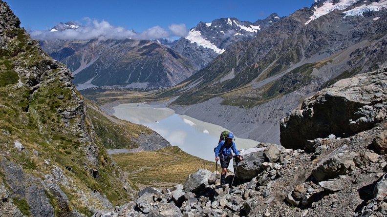 Hooker Lake and tramper in the gully by playing field
