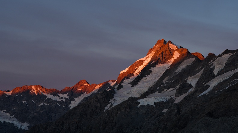 Alpenglow on The Footstool, Mount Sefton, and Mount Thomson