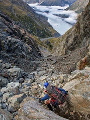 Tramping down the rocky gully