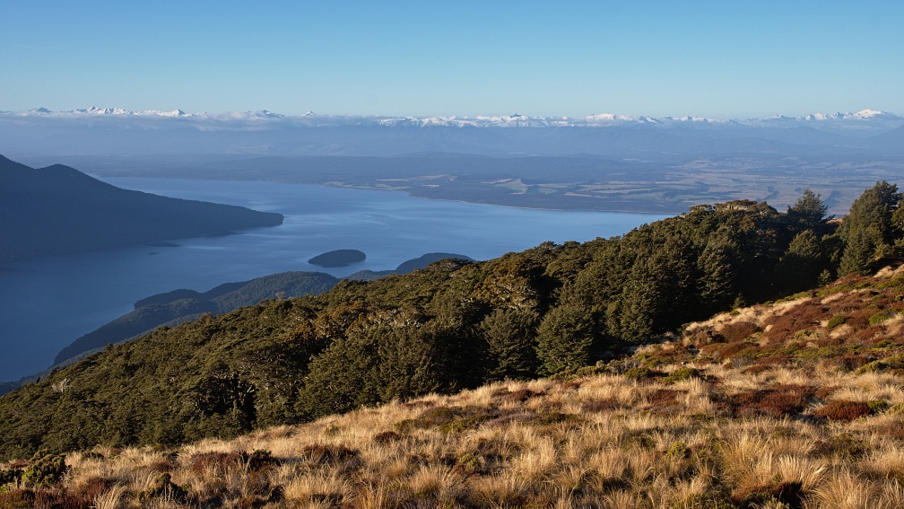 Lake Te Anau and snowy mountains in distance